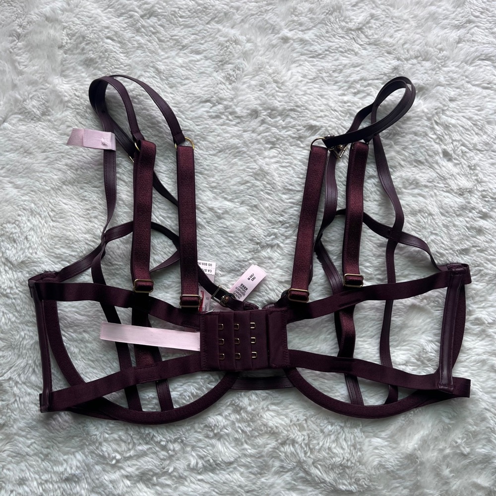 Victoria's Secret Unlined Strappy Cage Bra Dark Plum Faux Leather Trim M-DD NEW